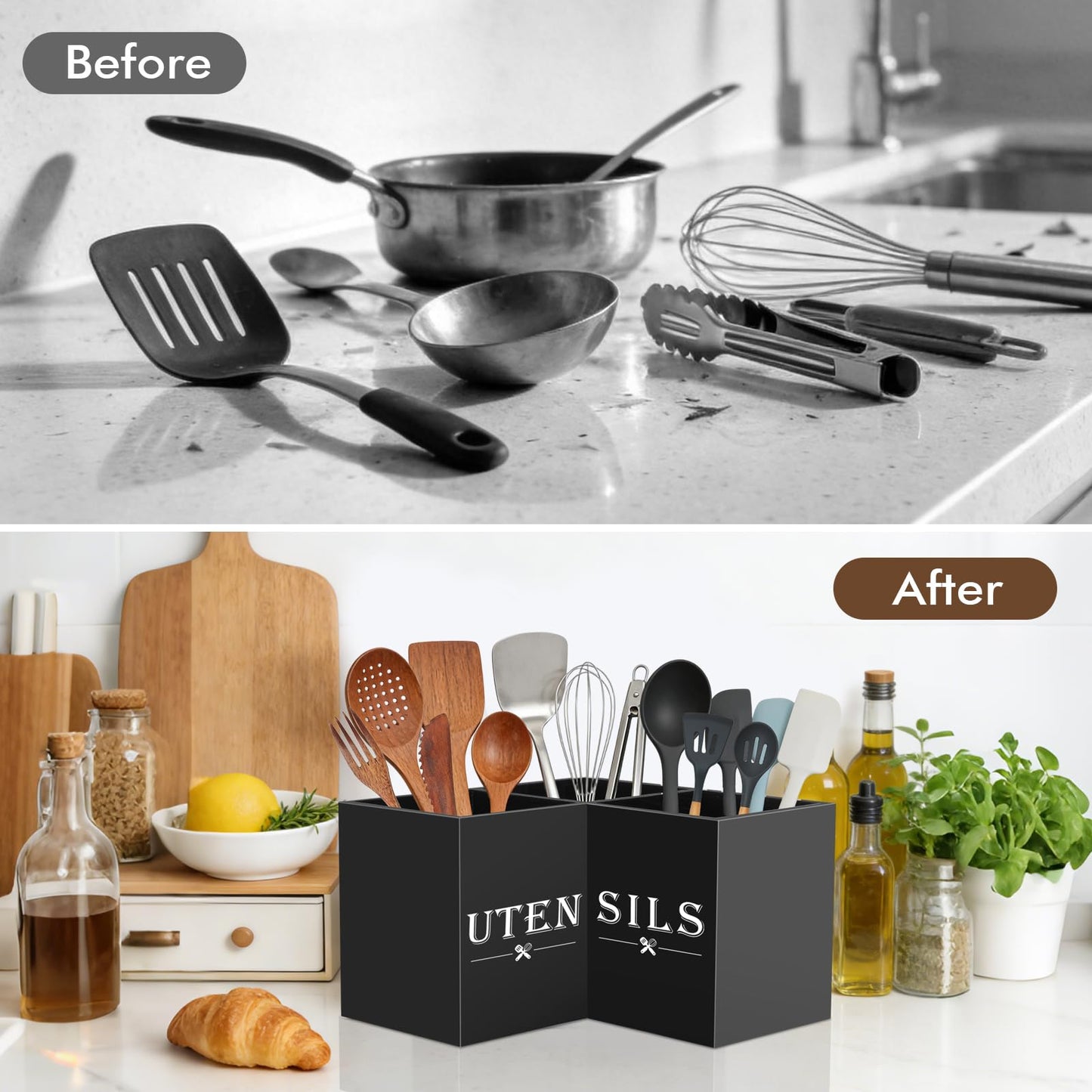 Himake Large kitchen Utensil Holder, Wooden Utensil Organizer for Kitchen Countertop, Spatula and Spoon Cooking Holder with 3 Compartments, Black