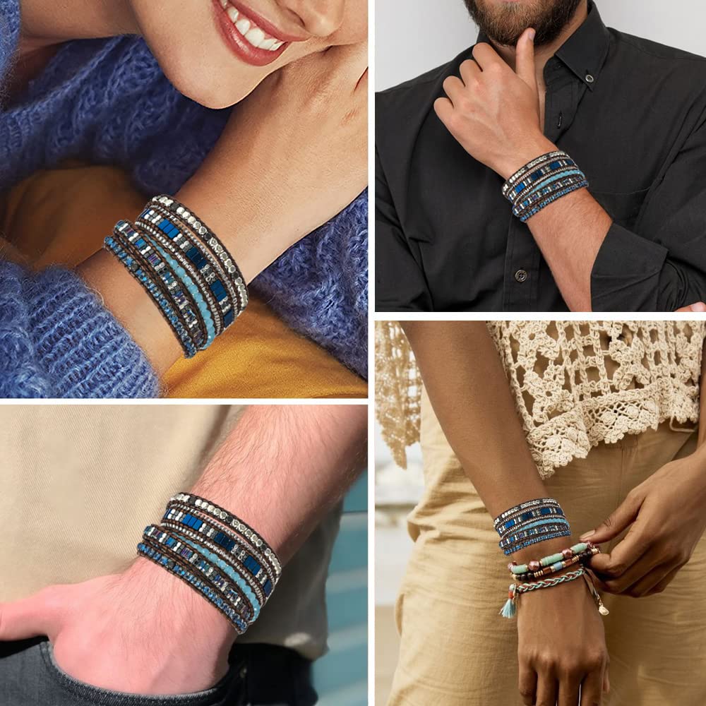 Plumiss Boho 5 Wraps Handmade Beaded Statement Stainless Steel Box Chain Bracelet Jewelry Collection for Men and Women