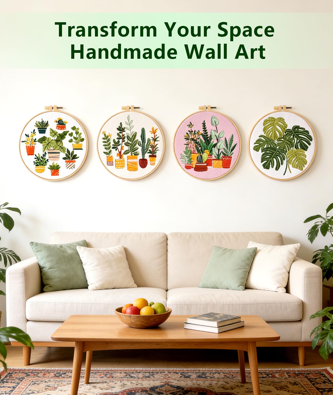 Irosiy 4 Pack Embroidery Kit for Beginners - 4 Cute Plant Pot Patterns, All-Inclusive Starter Set with Pre-Printed Canvas, Hoops - Handmade Home Decor Gift for DIY Craft Lovers