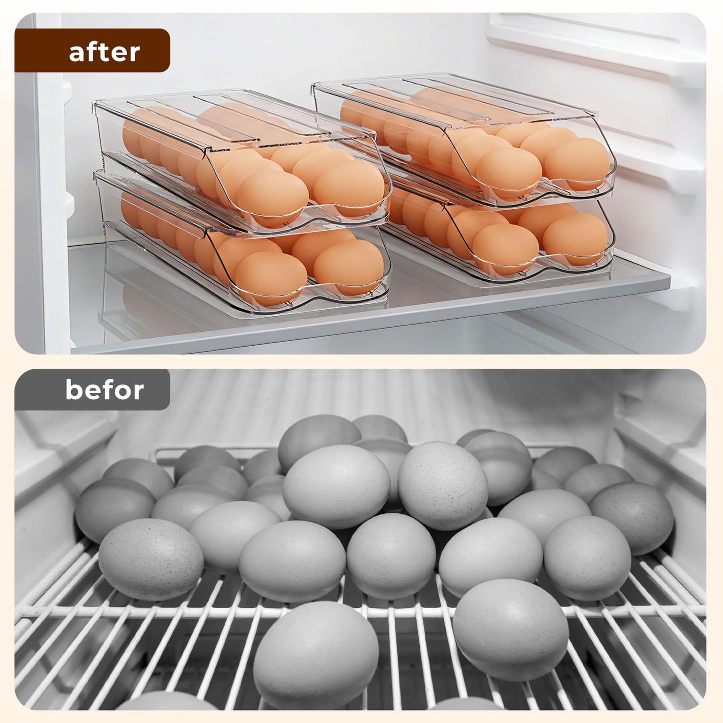 BOBELA Egg Holder for Fridge,Automatic Rolling Egg Container for Refrigerator,Clear Stackable Egg Organizer with Removable Lid for Fridge Organizers and Storage,1 pack