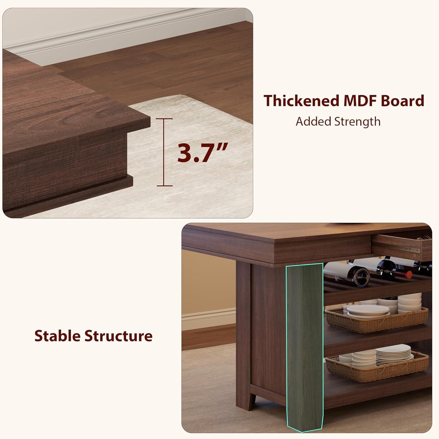 GarveeHome Tall Bar Height Dining Table for Kitchen & Bar, Seats 4-6, Heavy Duty Wood Counter Table with Thick Large Top, Deepened Wine Rack, 2 Drawers & 3 Shelves, for Kitchen, Bar, Rustic Brown