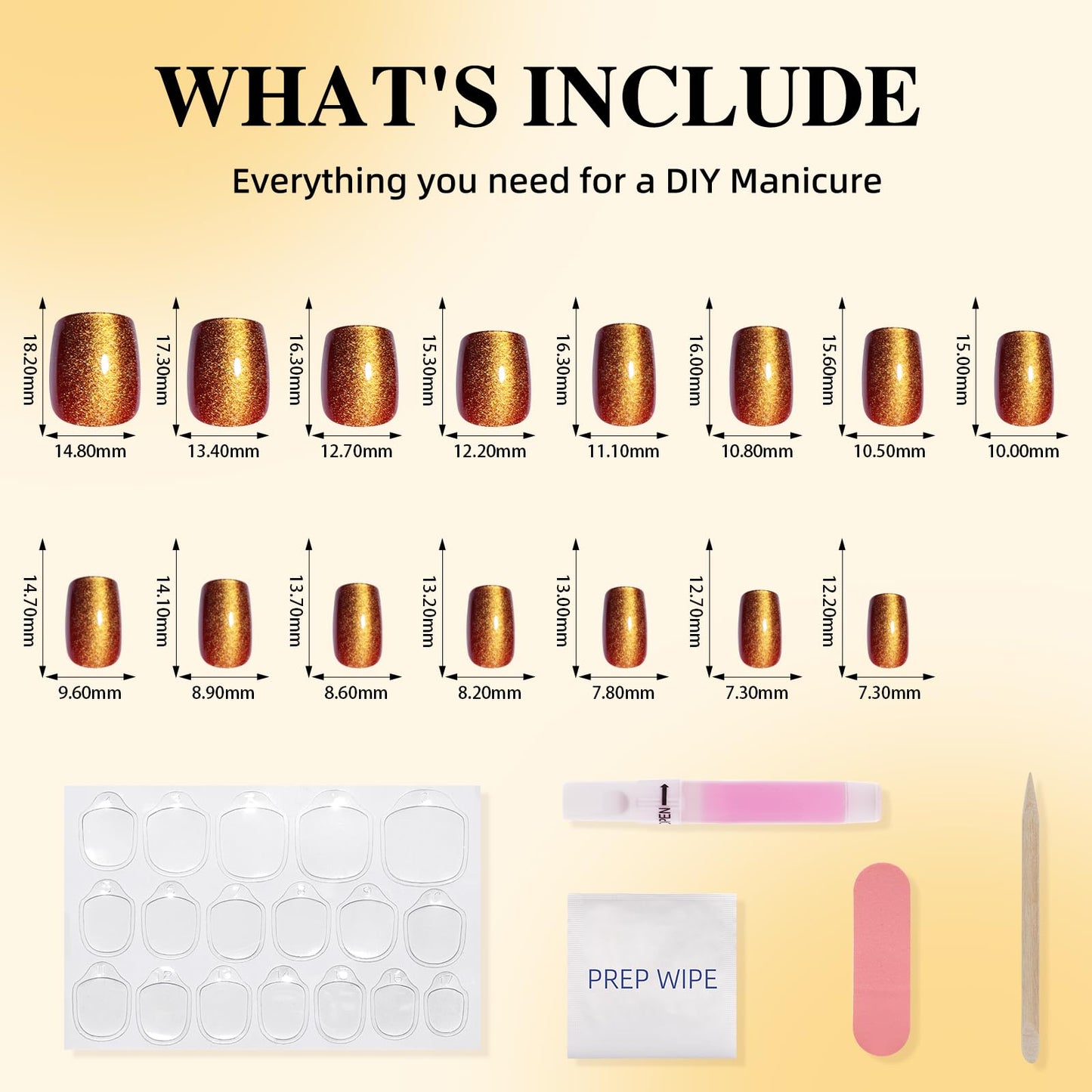 Leefrei Brown Cat Eye Press On Nails - Short Square Press on Nails Press Ons for Women, Reusable Glossy Fake Nails Kit with Glue DIY Nails Short in 15 Sizes - 30pcs, Amber Mocha