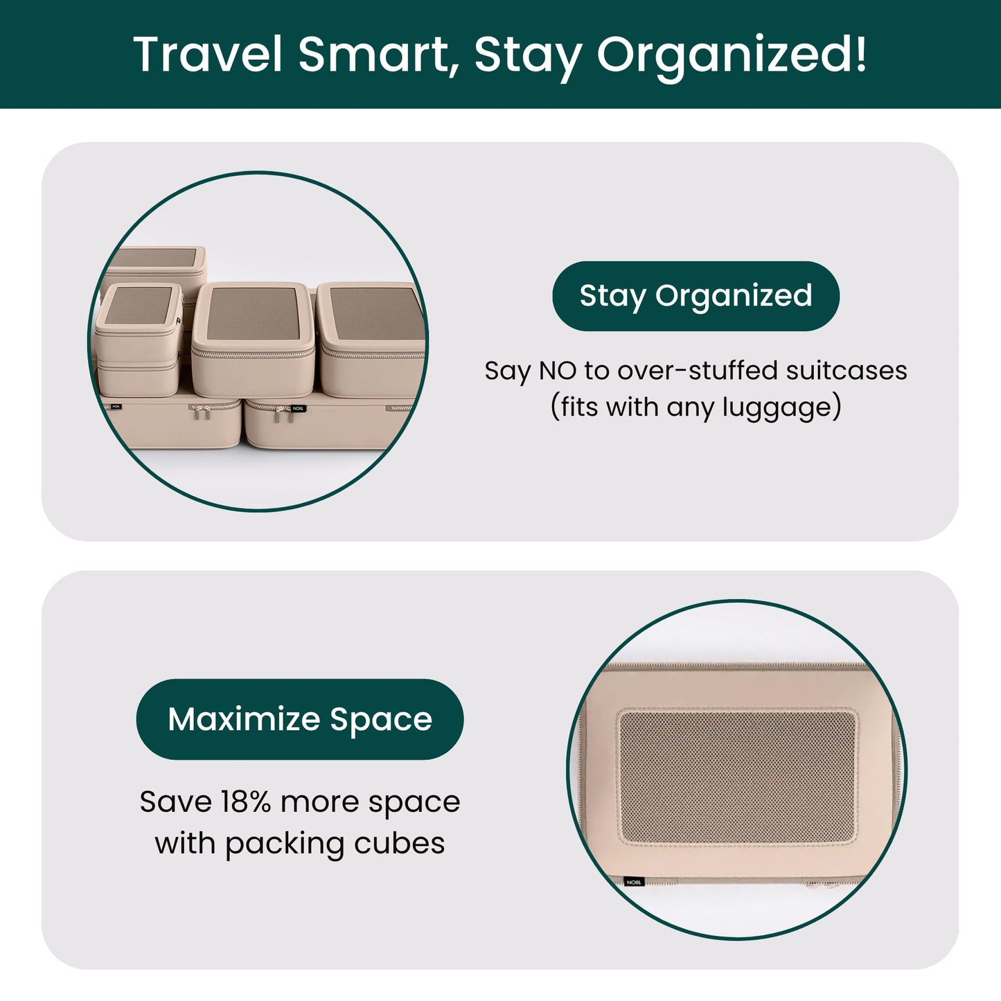 Nobl Travel Compressible Packing Cubes Set, 6 Pieces Travel Packing Organizers, Compression Luggage Cubes for Suitcases & Carry On, Space Saving (XXS, XS, S, M, L, XL) - Sand