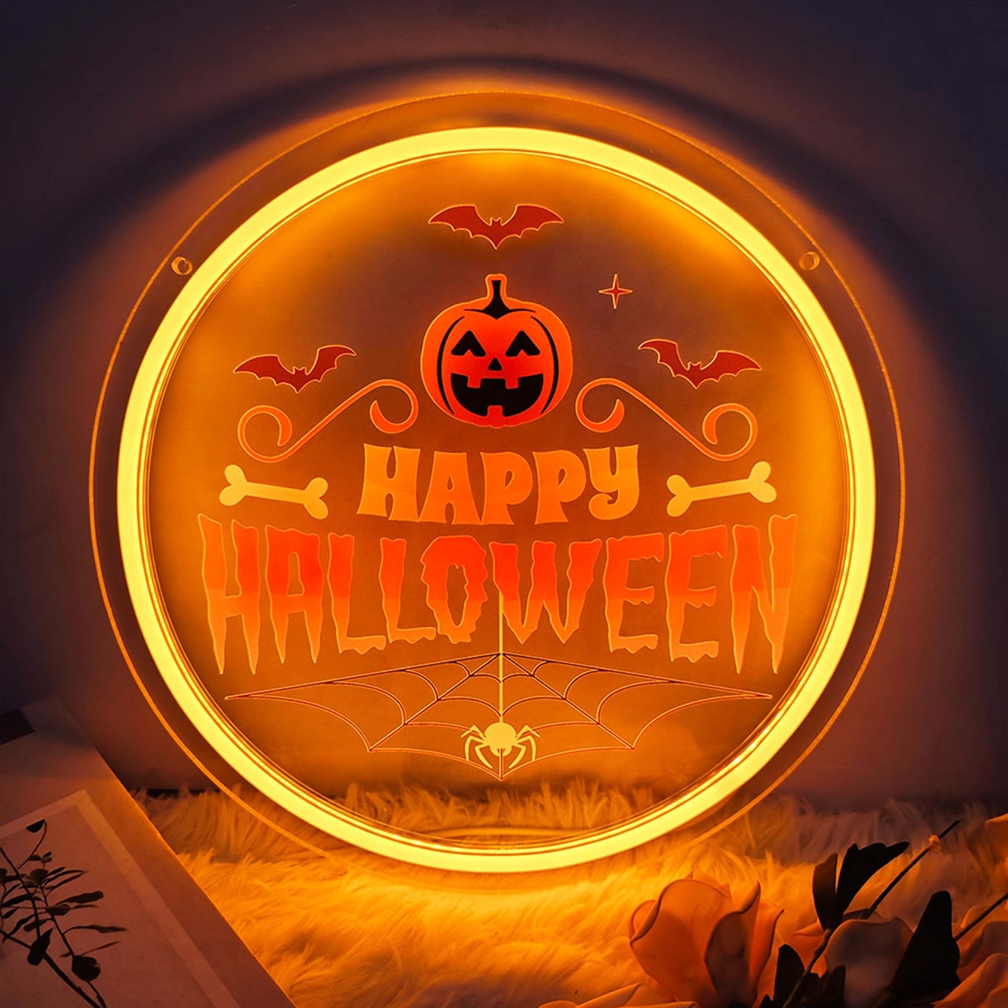 Happy Halloween Neon Sign, Round Pumpkin LED Wall Light with Spider Web and Bats, Halloween Party Wall Decor, Adjustable Brightness Neon Lamp with Mounting Kit 11.6" × 11.6"