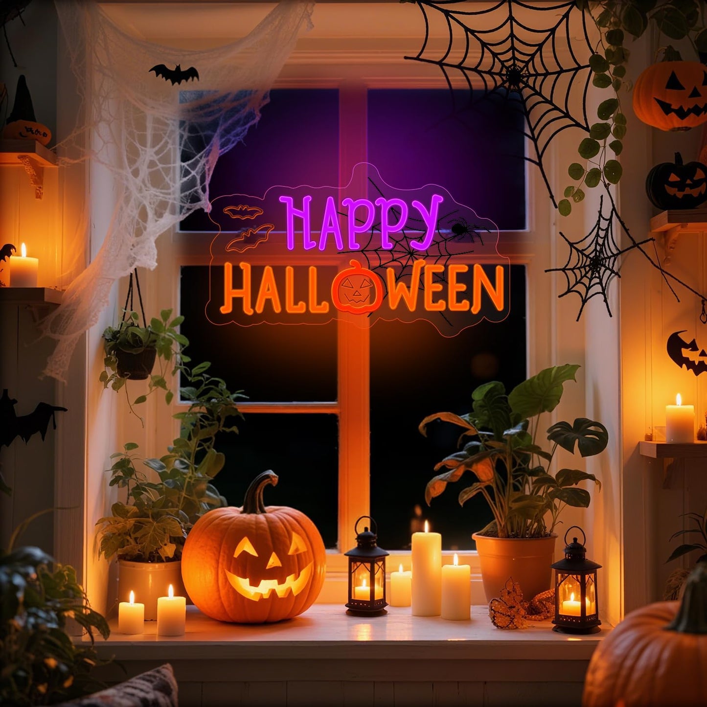 Halloween Neon Sign for Halloween Wall Decor,Dimmable Neon Light Bat & Pumpkin Light Up Signs for Halloween Bedroom Horror Party Bar Background Decoration