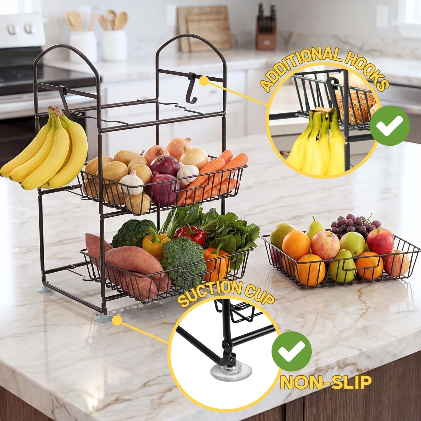 Ofiray-home 3 Tier Fruit Basket with 2 Banana Hangers, Detachable Countertop Fruit Vegetable Basket Organizer for Kitchen Counter, Metal Mesh Fruit Bowl for Potato Onion Bread Snack Veggie