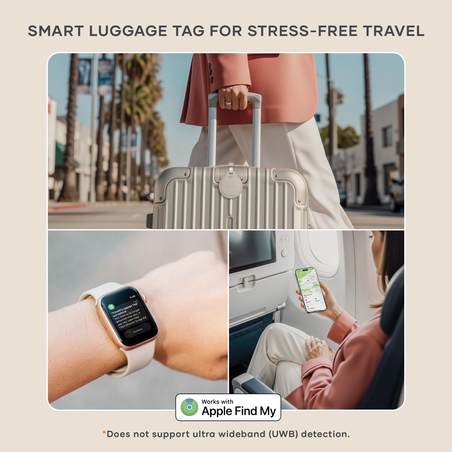 Satechi FindAll Smart Luggage Tag with Find My, TSA-Friendly, Airport Tracking, Left-Behind Alerts, Loud Audible Chime, Wireless Rechargeable, Works with iPhone, iPad, Mac – Sand