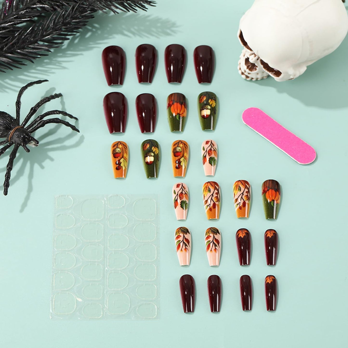 Thanksgiving Press on Nails Medium Ballet Shaped Fall Maple Leaf Pumpkin Pattern Acrylic False Nail Full Cover Glossy Autumn Stick on Nail Festival Artificial Fingernails Glue on Nails for Women 24Pcs