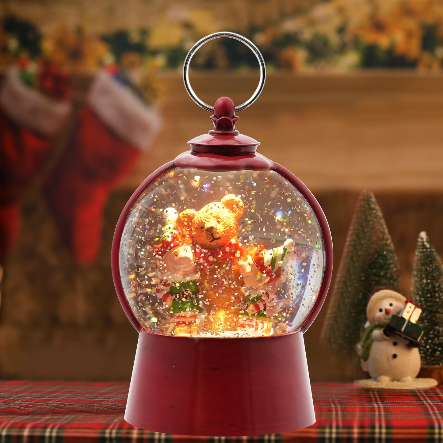 Christmas Snow Globe Lantern with Swirling Glitter Christmas Home Decoration Elf Bear Musical Snow Globe, 6 Hour Timer, USB Powered & Battery Operated Music Box for Holiday