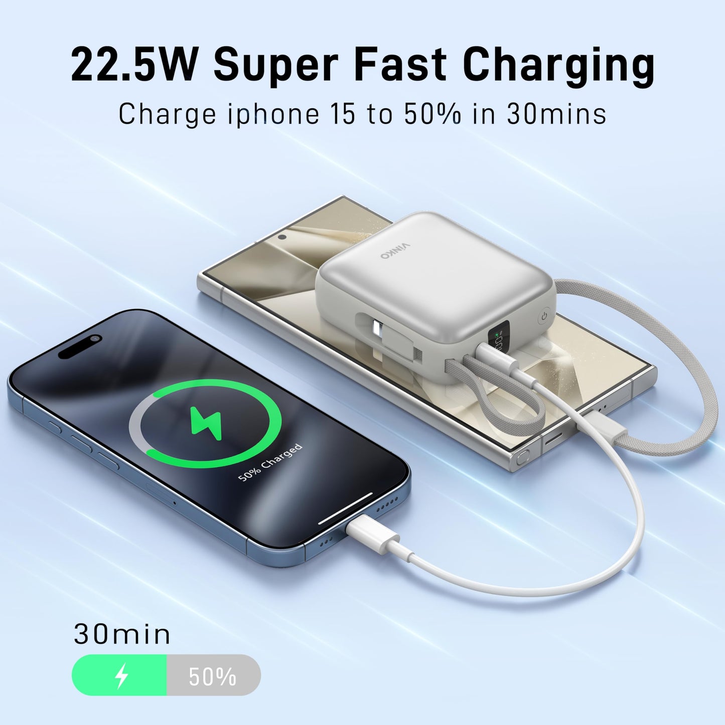 VINKO Small Portable Charger, 22.5W Fast Charging Mini Power Bank 10000mAh with Built-in Cables, Travel Essential USB-C Battery Pack Compatible with iPhone 17/16/15, Samsung S25/24, Android (White)