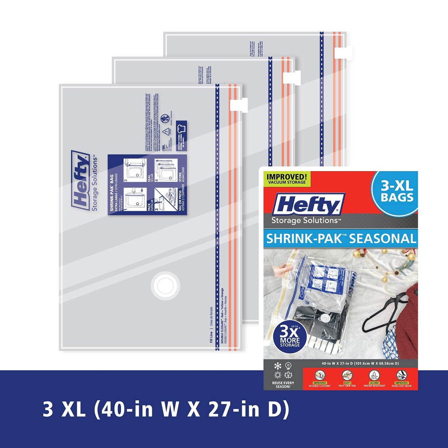 Hefty Shrink-Pak - 3 Extra Large Vacuum Storage Bags for Clothes, Pillows, Towels, or Blankets - Space Saver Vacuum Sealer Bags Ideal Under Bed Storage Solutions