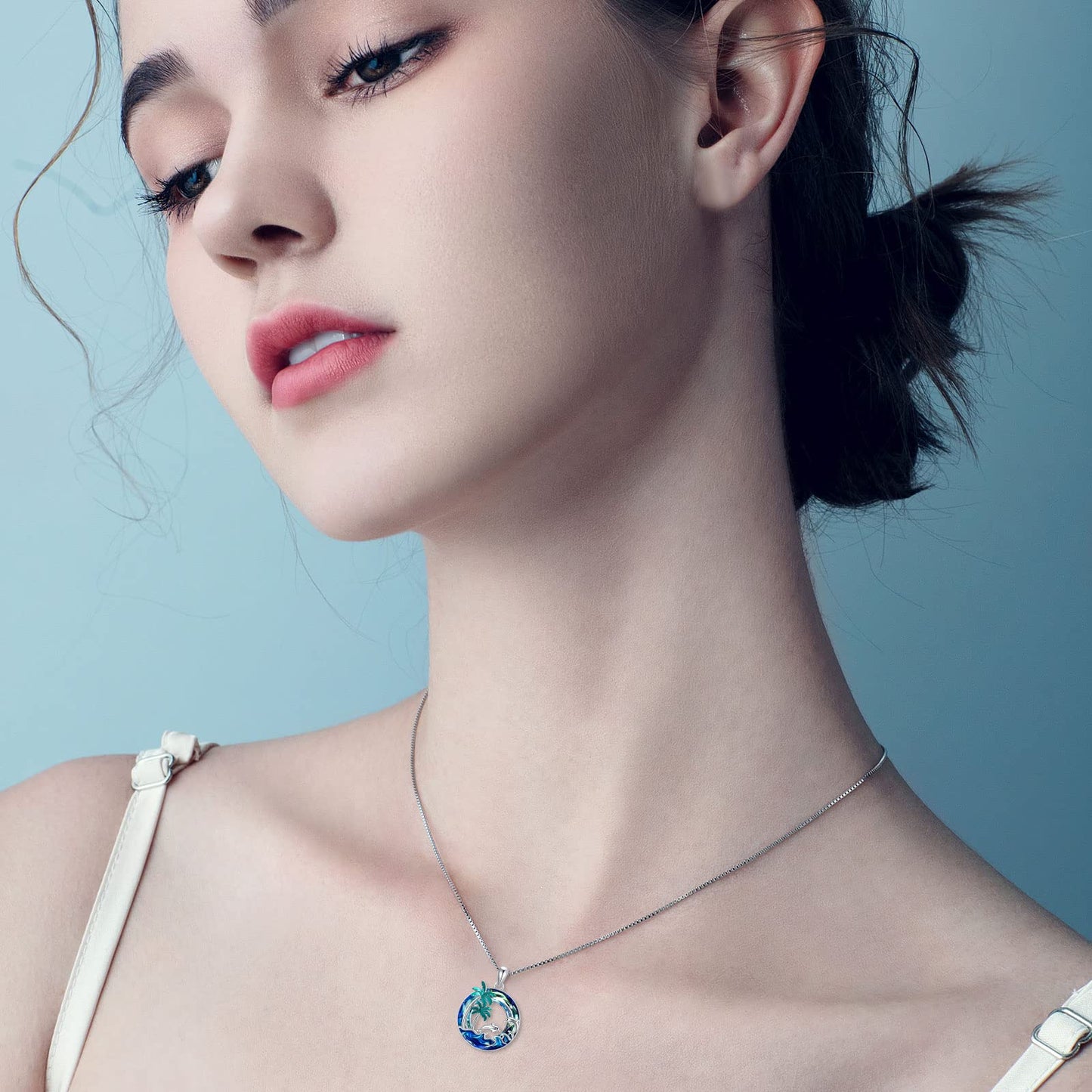 PROESS Dolphin Necklace Sterling Silver Palm Tree Pendant Necklace With Blue Crystal Ocean Wave Jewelry Gift For Women