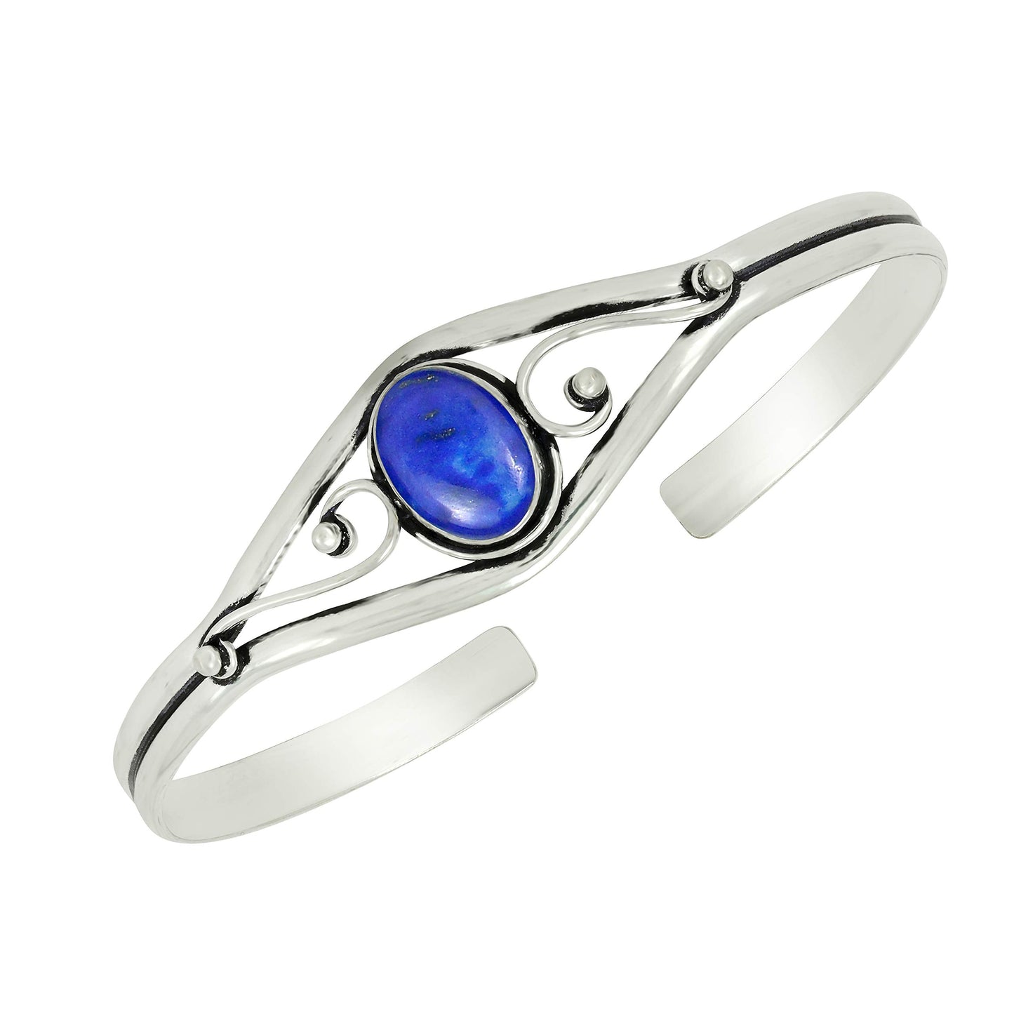 925 Silver Plated Natural Lapis Lazuli Cuff Bangle Bracelet for Women – Handmade Open Bangle – Blue Gemstone September Birthstone Statement Jewelry – Gift for Her