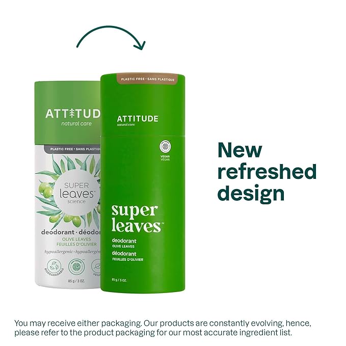 ATTITUDE Plastic-Free Deodorant, EWG Verified, Aluminum Free, Vegan Naturally Sourced Body Deodorants for Women & Men, Dermatologically Tested, Olive Leaves, 85 grams (Pack of 1)