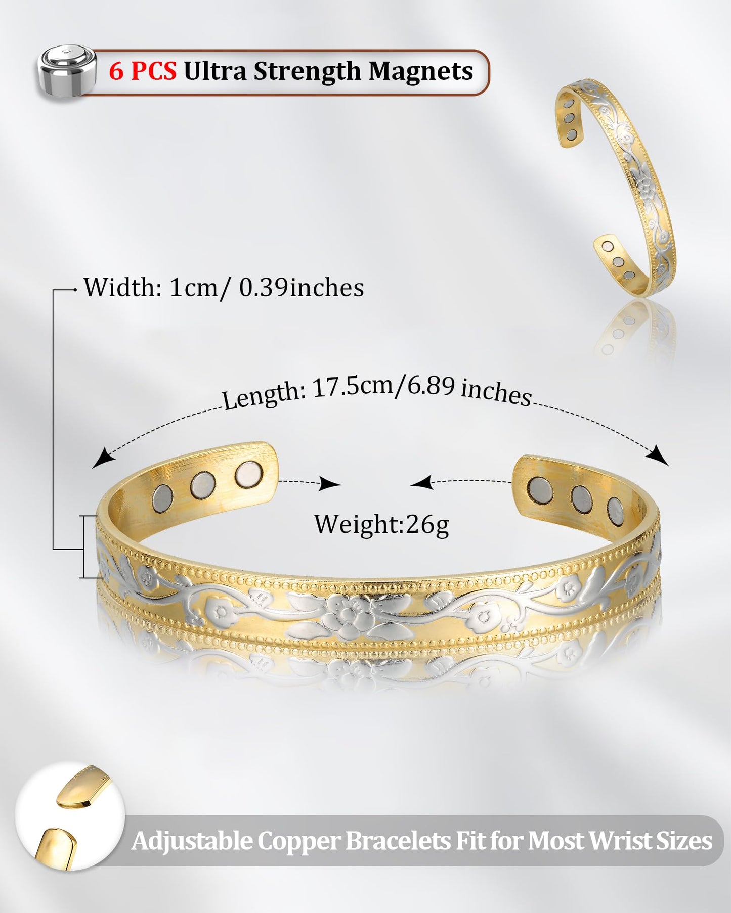 BioMag 2 Pcs Copper Bracelets for Women Men, 99.99% Pure Copper Cuff Bangle with 6 Pcs 3500 Gauss Magnets, Adjustable Size, Intricate Flower Pattern