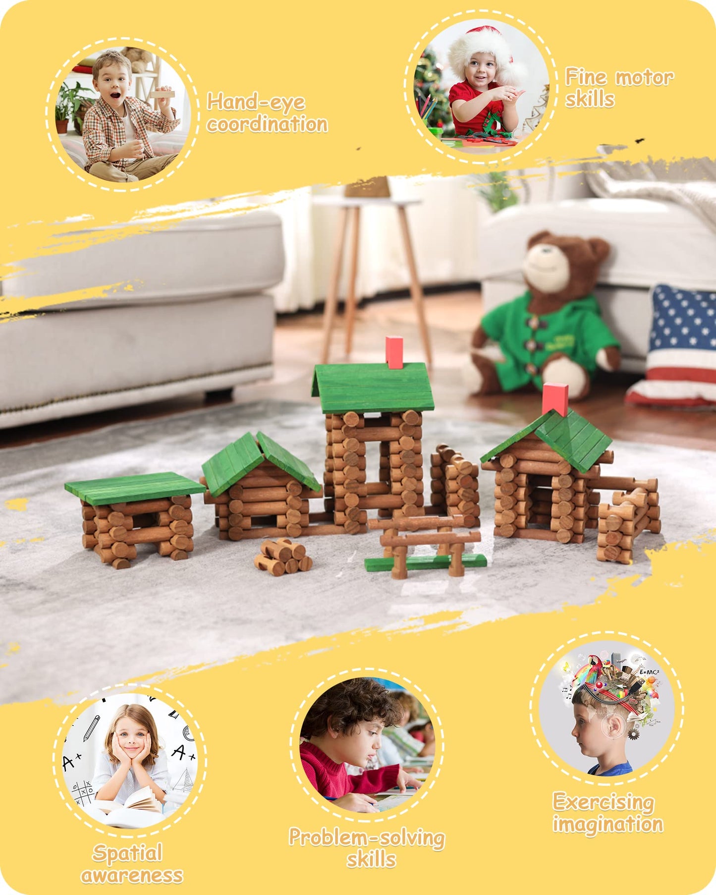 SainSmart Jr. 300 PCS Wooden Log Cabin Set Building House Toy for Toddlers, Classical STEM Construction Kit Compatible with Lincoln Logs for 3+ Kids