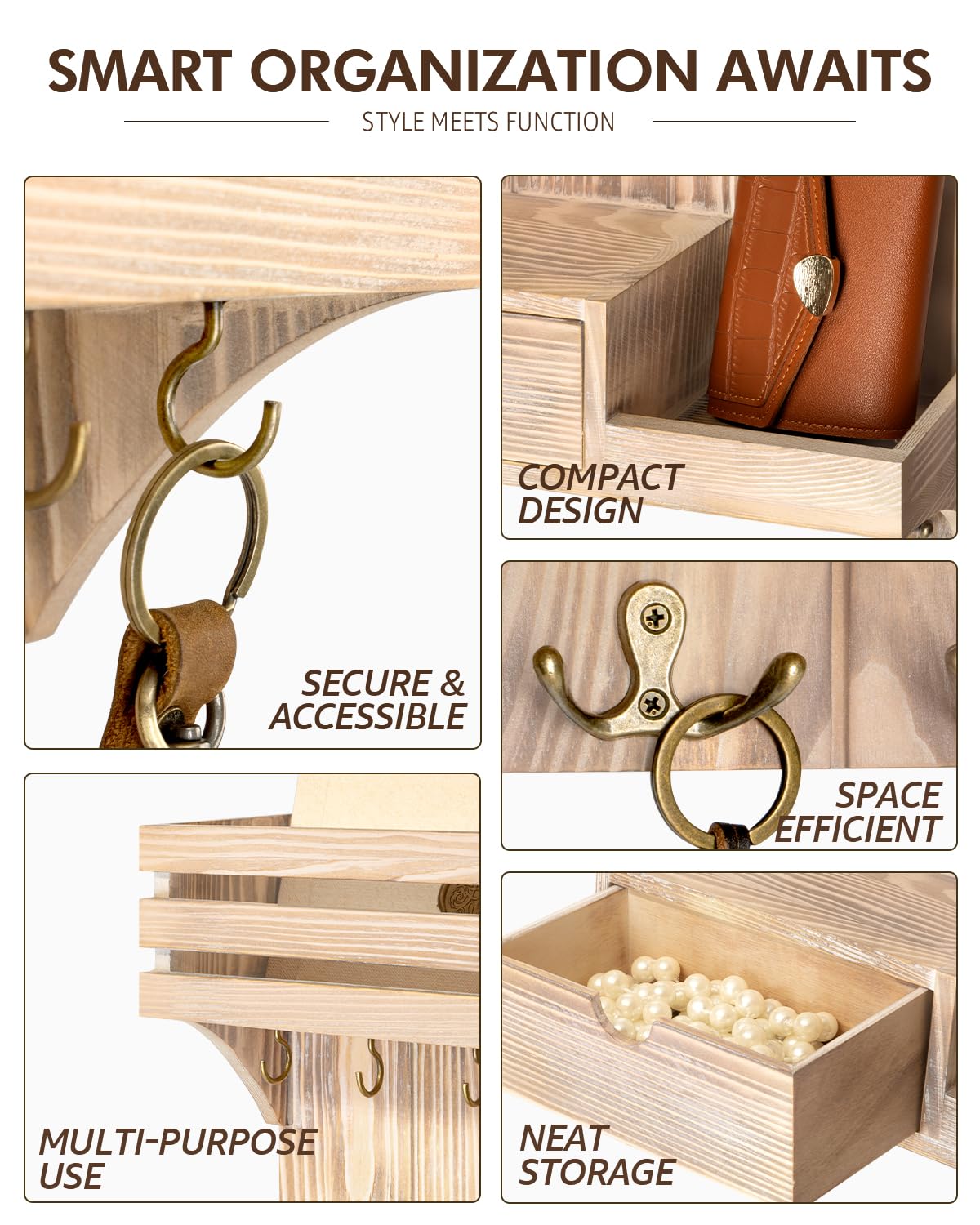 Rebee Vision Decorative Key Holder Wall Mount with Mini Drawer Organizer - Farmhouse Key Holder for Wall with Mail Organizer & 9 Key Hooks - Ideal Room Decor Aesthetic (Natural Wood)