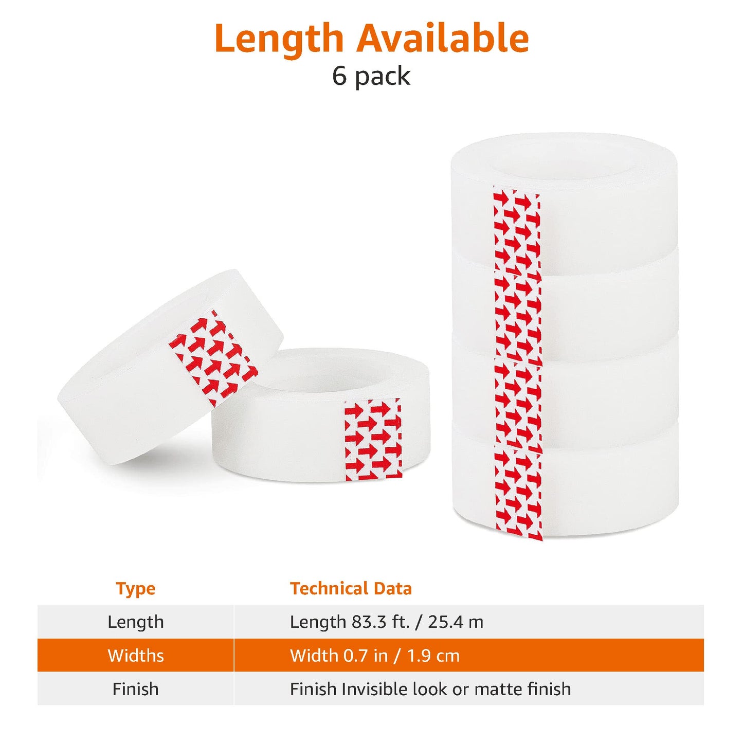 Amazon Basics Matte Finish Tape, 6 Pack, 3/4" Width x 1000" (27.8 yds) Length, Translucent