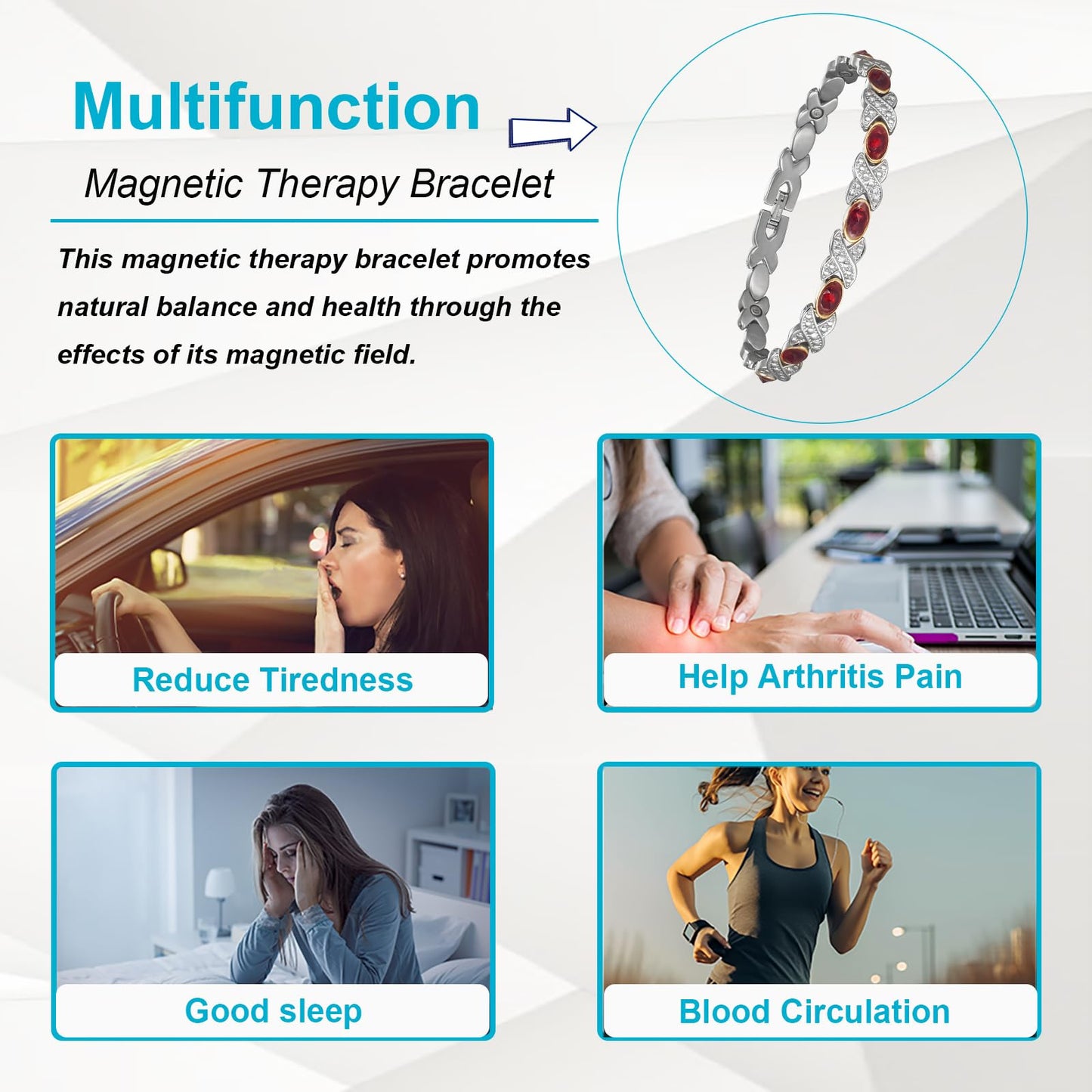 EnerMagiX Magnetic Bracelets for Women, Stainless Steel Magnetic Bracelet with Red Stones, Fashion Magnetic Jewelry