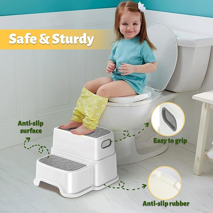 WELSPO 2 Step Stool for Kids, Toddler Step Stool for Bathroom, Kitchen, Bedroom, Living Room, Non-Slip Toddlers Toilet Potty Stool with Handles Baby Child Kid Plastic Poop Stools(Gray)