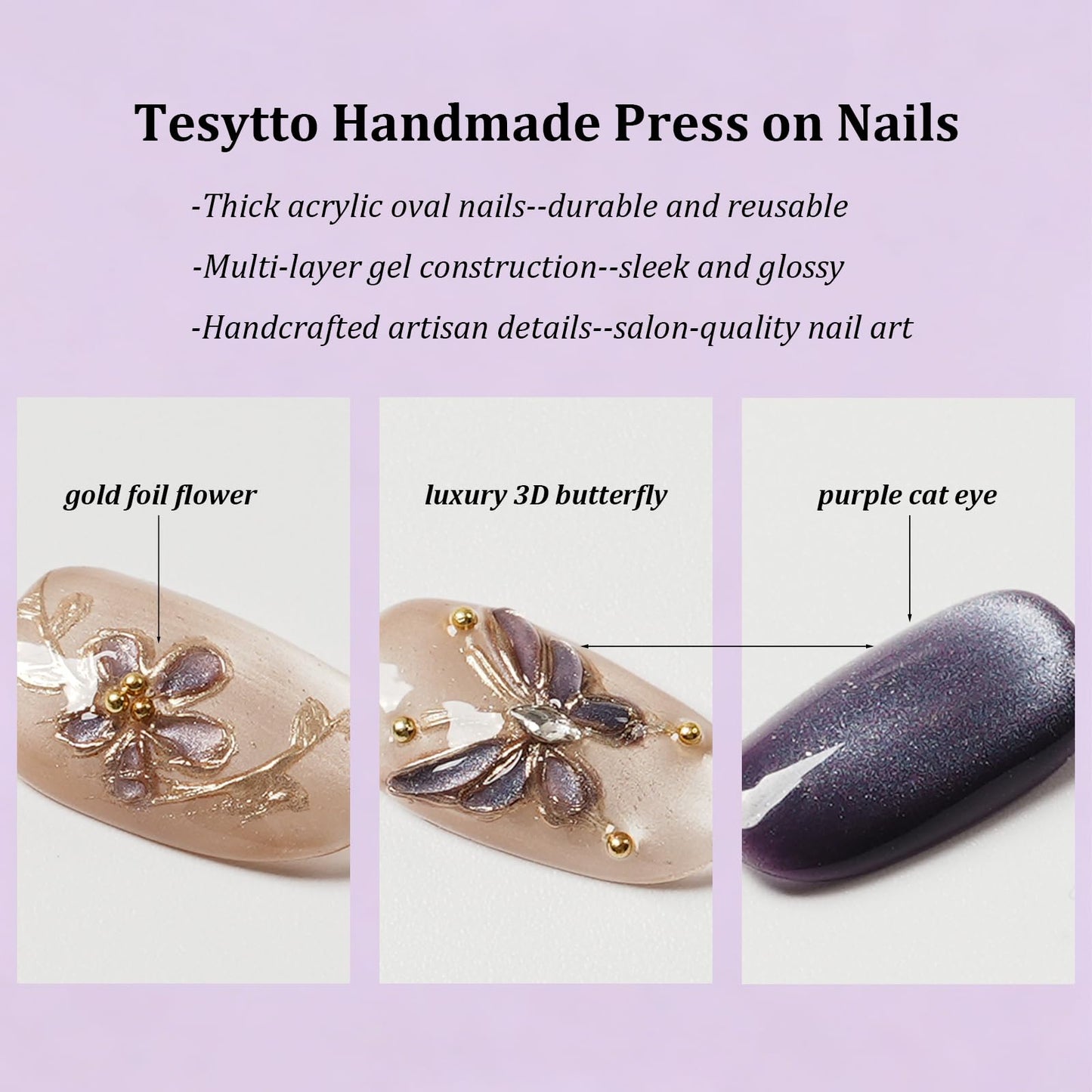 Tesytto Handmade Press on Nails Almond Shape Glossy Reusable False Nails for Nail Art (Soft Purple Gold Branch, S)