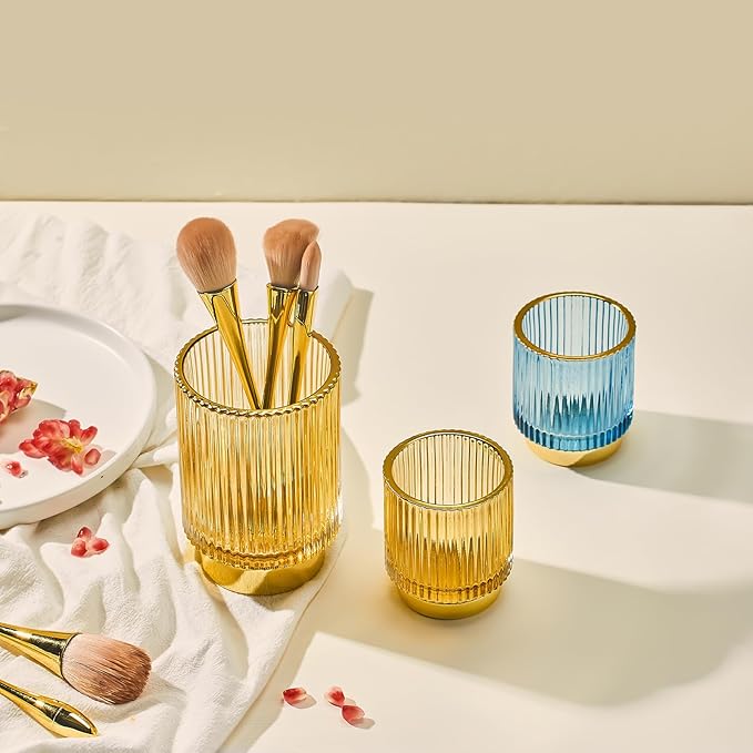 Makeup Brush Organizer, Toothbrush Holder, Desk Pen Pencil Holder, Multifunctional Vintage Glass Brush Cup (S/Gold/A3-12-US)