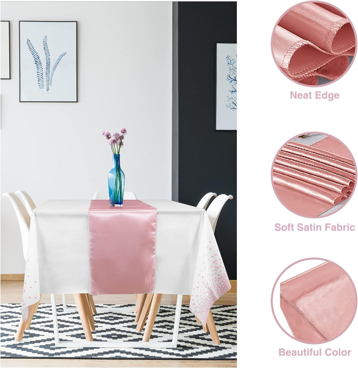 8Pack Disposable Plastic Tablecloths and Satin Table Runner Set White and Rose Gold Dot Tablecloth Rose Gold Satin Table Runner for Wedding Birthday Anniversary Christmas New Year Party Decorations