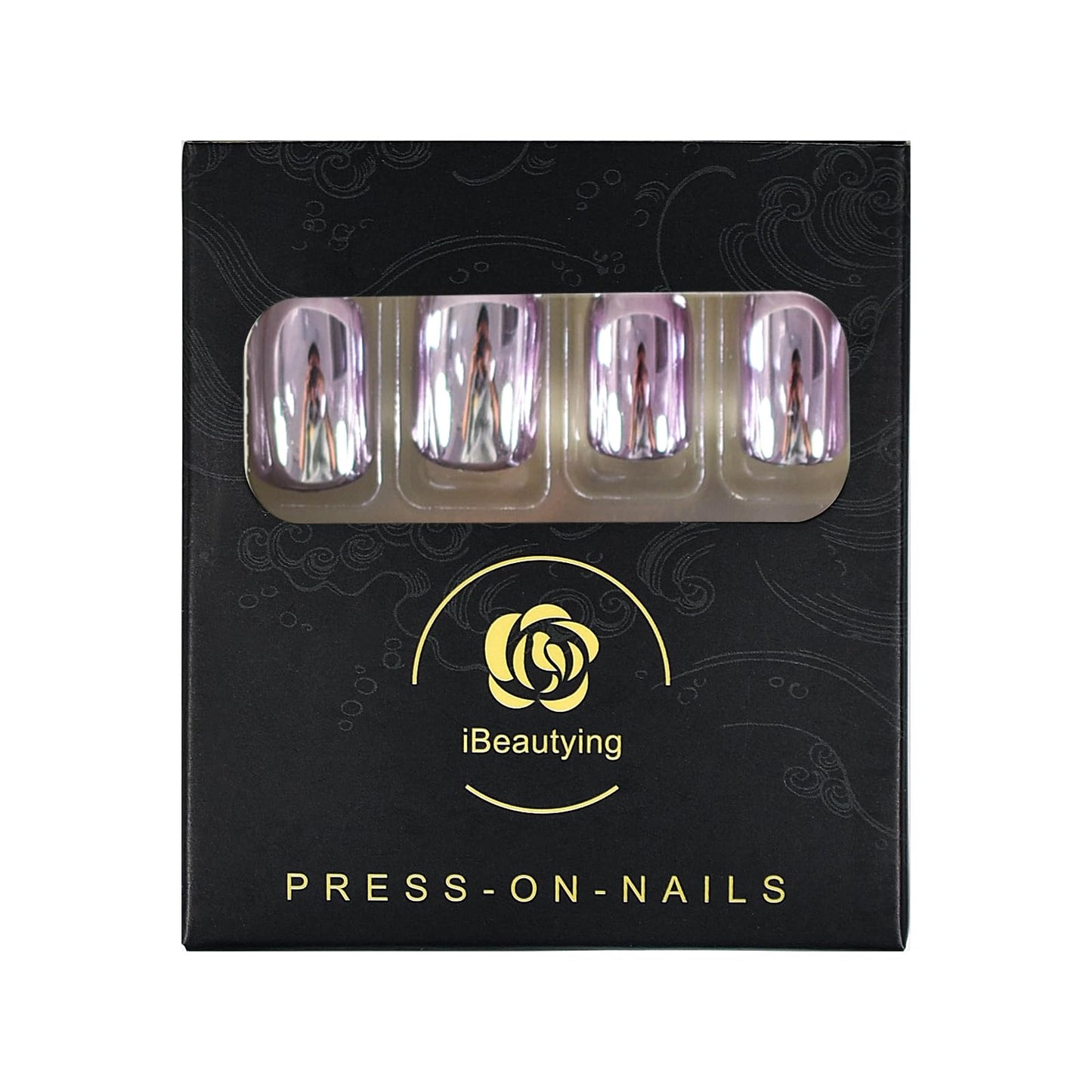 Metal Mirror Press on Nails - iBeautying False Nails - Light Purple Pink Finish Finger Daily Wear Nail - Short Square Acrylic Reusable Fake Nails 24pcs