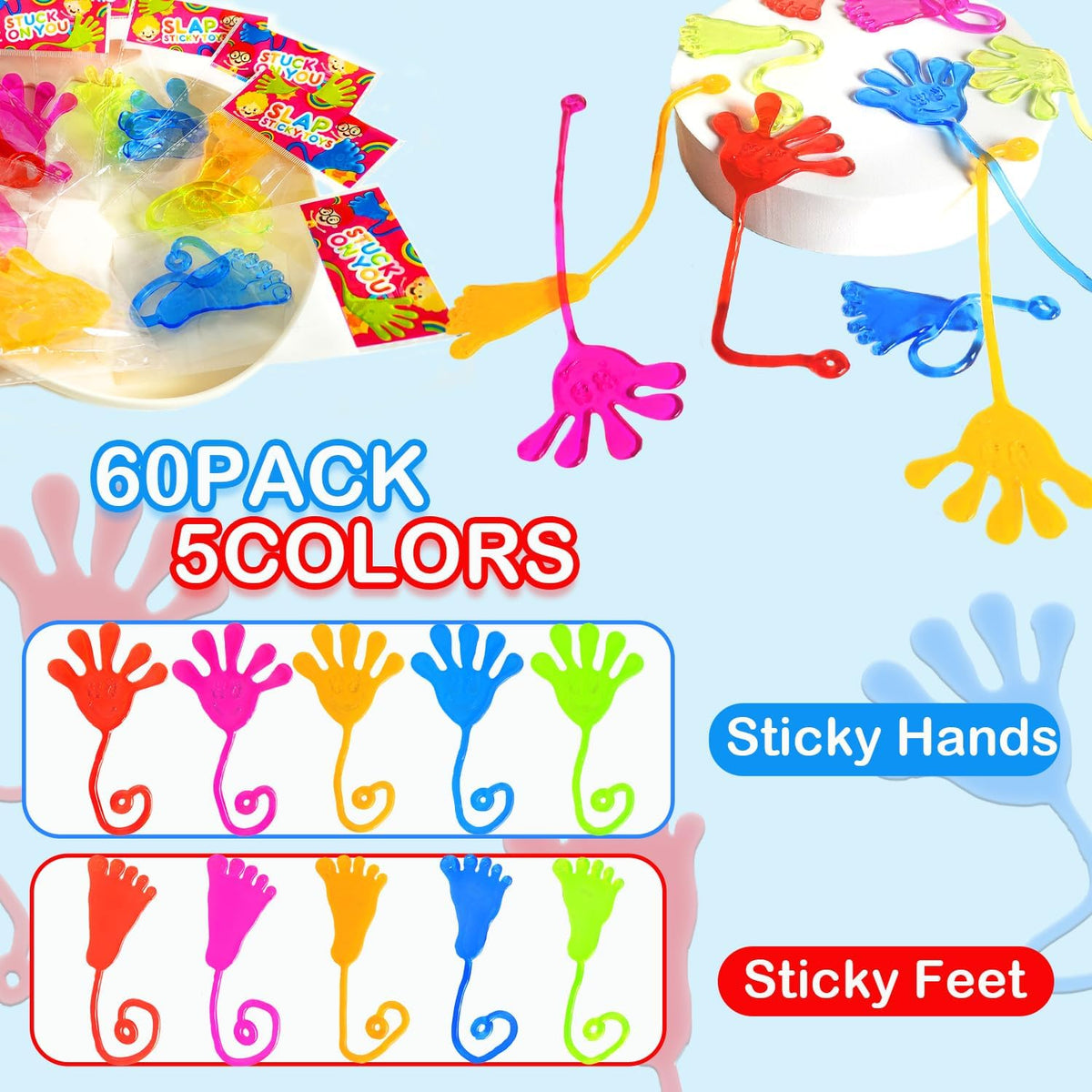 Bulk Toys Gifts for Kids Prizes (60 PCS), Christmas Large Sticky Hands & Feet Party Favors Supplies for Toddlers, Classroom Birthday Pinata Goodie Bag Stocking Stuffer Fillers Treats for Boys Girls