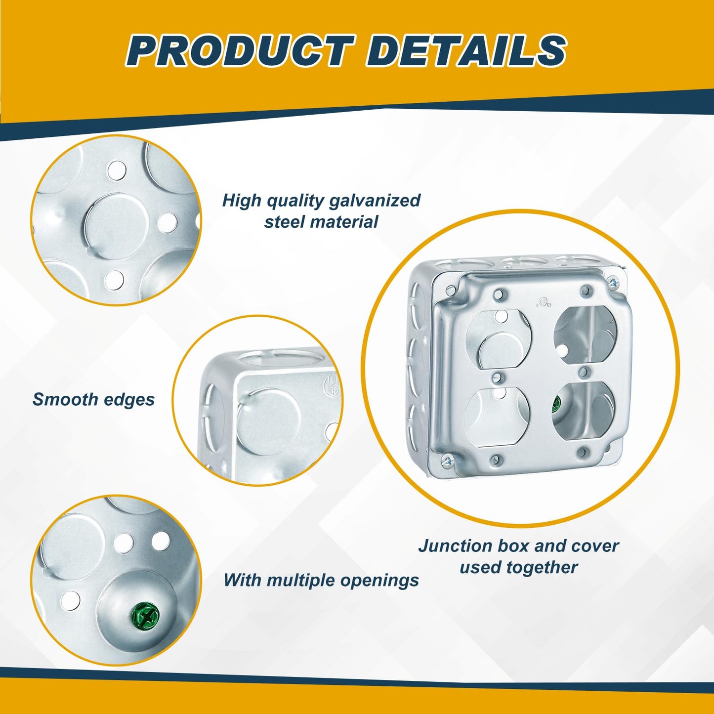 Copkim 8 Set 4 × 4" Electrical Junction Box with Cover Electrical Metal Outlet Box, 21.0 Cu. in. Capacity Receptacle Exposed Work Cover, 1-1/2'' Deep (Double Duplex Receptacle)