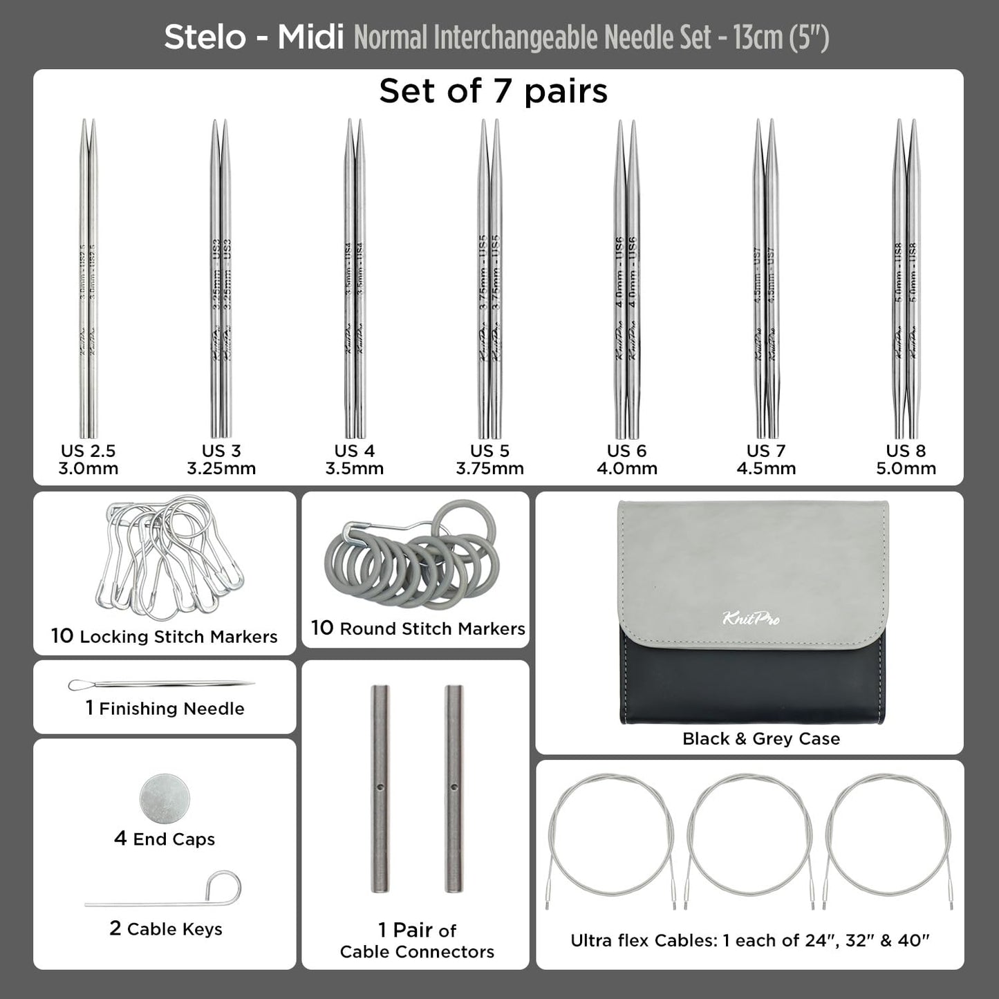 KnitPro Stelo Midi Normal Interchangeable Needle Set 5" (13cm) | 7 US Sizes (2.5 to 8)