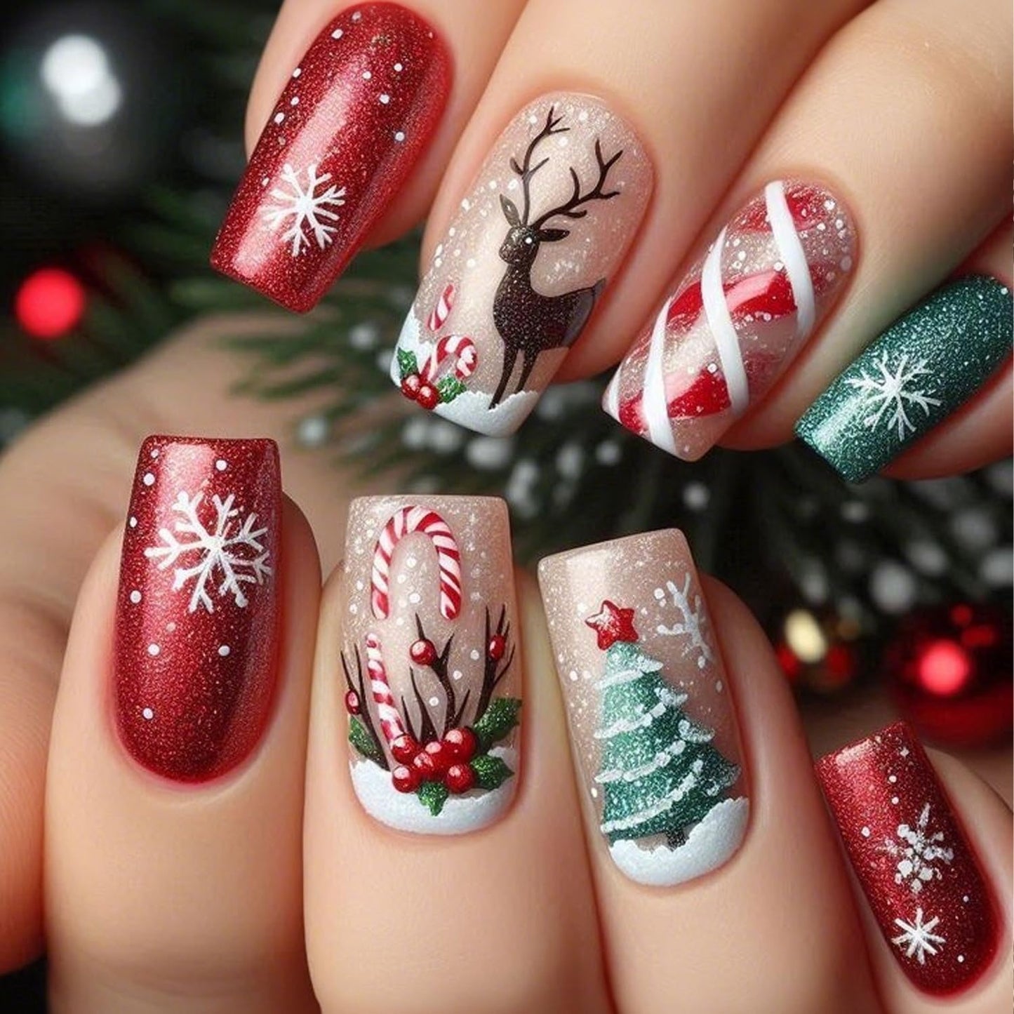 Christmas Press on Nails Medium Square Fake Nails Christmas Tree Acrylic Nails Elk and Snowflake Xmas Tree Glue on Nails for Women Nails Manicure Decoration 24 Pcs