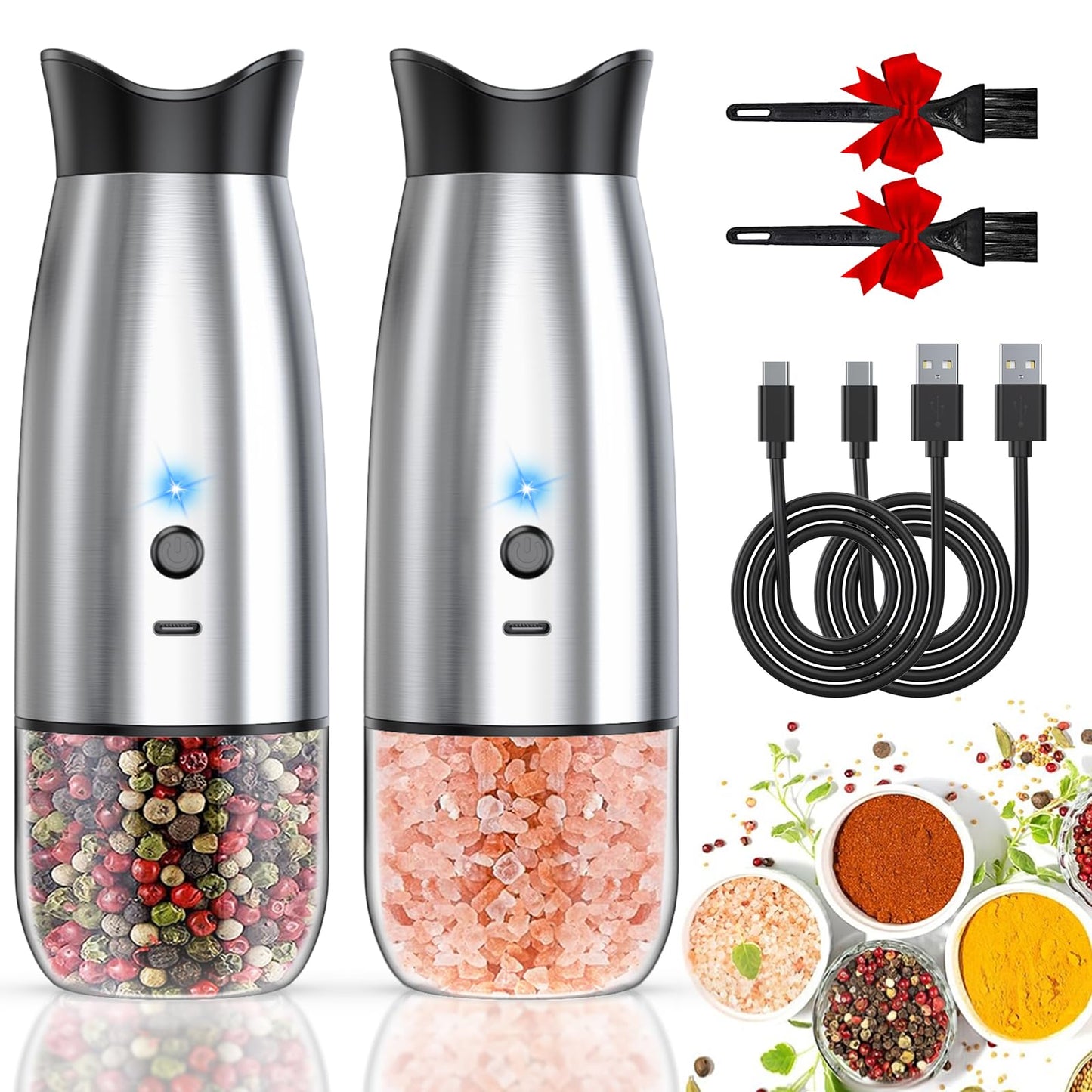 Electric Salt and Pepper Grinder Set, Rechargeable Automatic Pepper Mill Grinder with LED House Warming Gifts New Home, USB Adjustable Coarseness shakers, One-Hand Operation for Kitchen Appliances