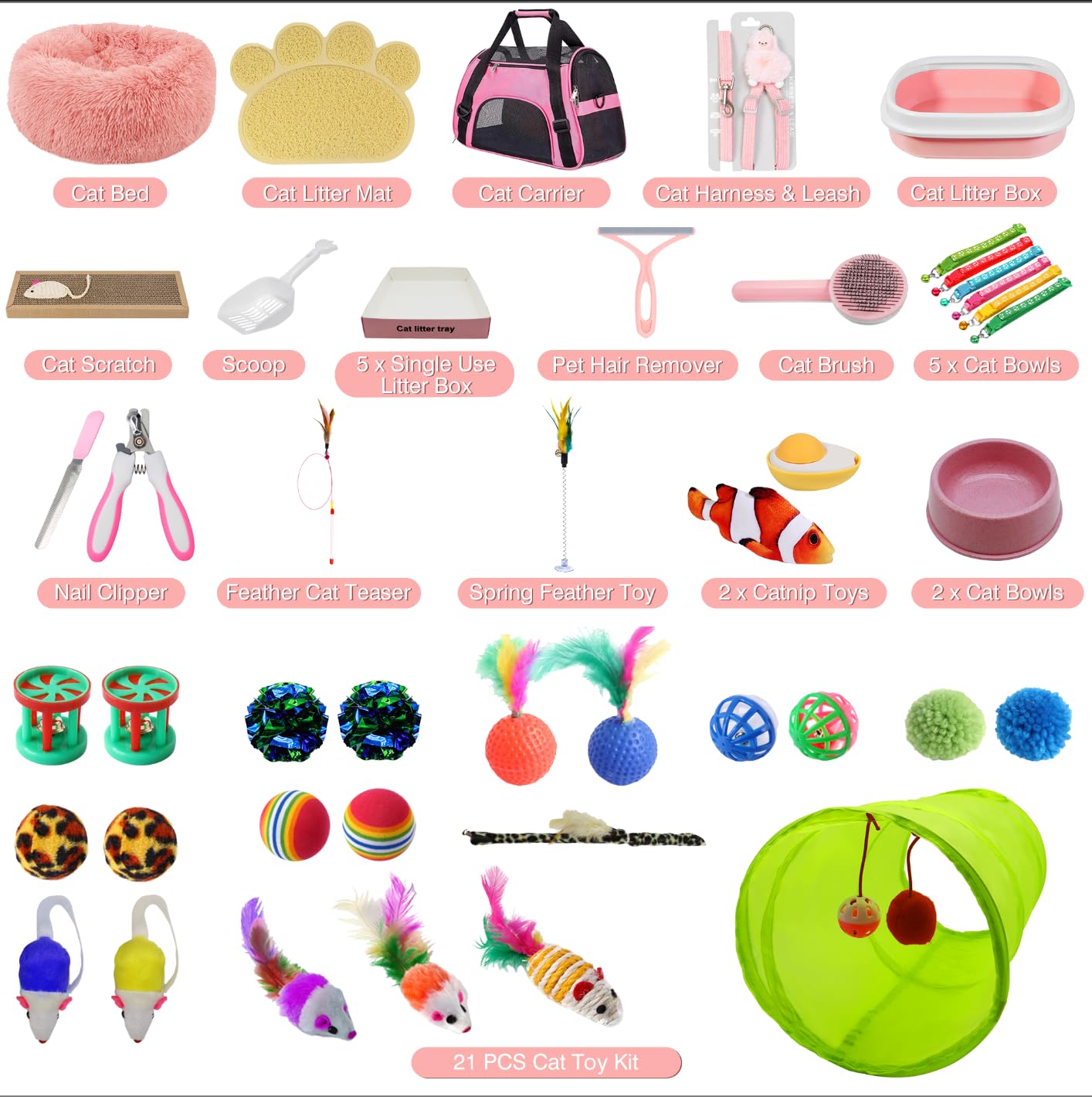 BERXOL 47PCS Kitten Essentials Starter Kit, Ideal for Cats Under 6 Months, Featuring 21-Piece Toy Set, Bed, Carrier, Litter Box, Bowls & More, for New Cat Owners - Pink
