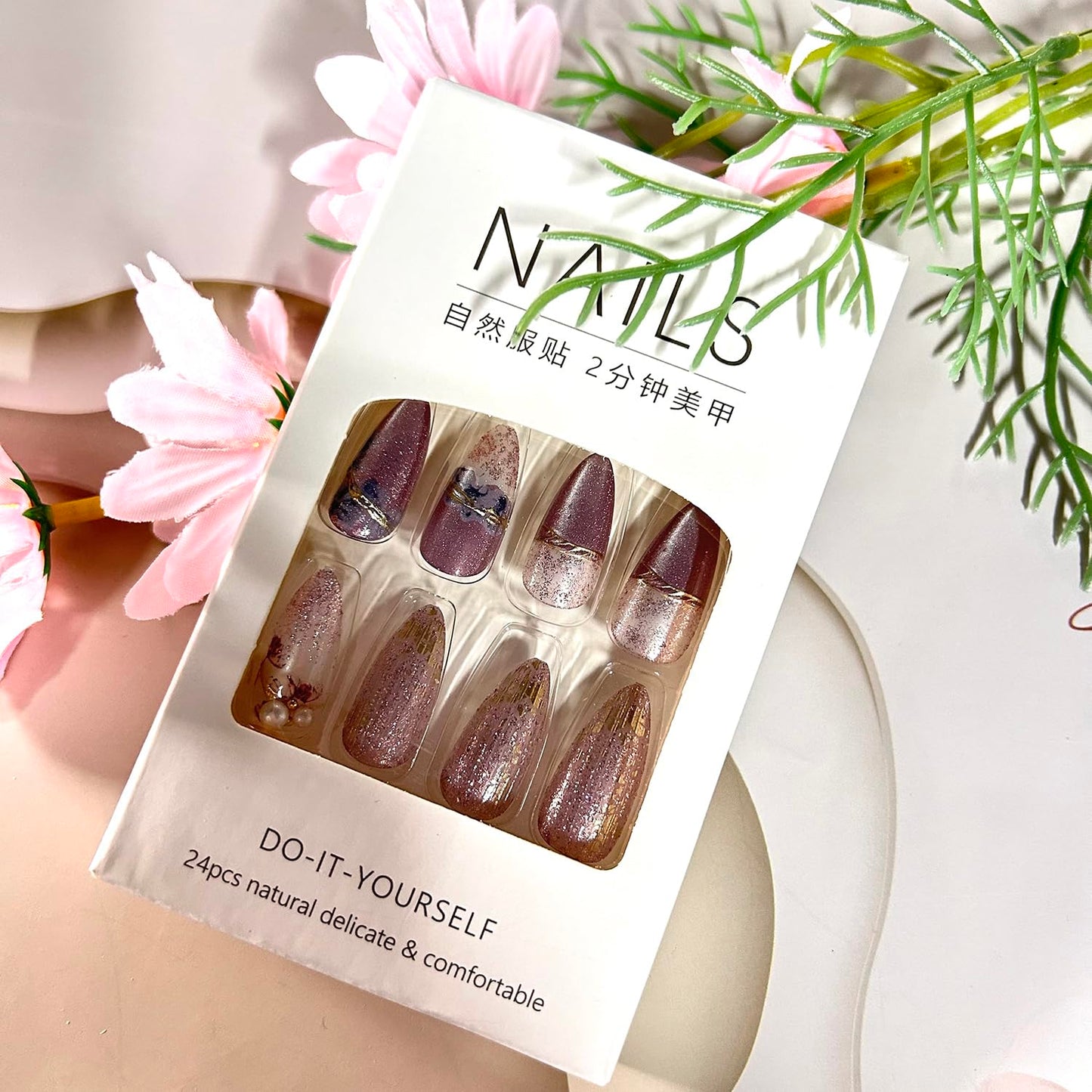 Flower 3D Press on Nails Almond Medium Pearl Bow Design Purple French Acrylic False Nail Full Cover Glitter Powder Artificial Fingernails Press Ons Floral Stick on Nails DIY Glue on Nails for Women