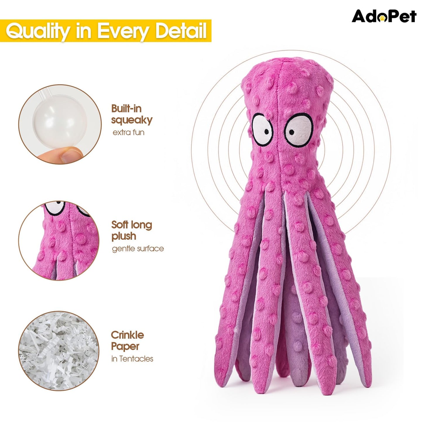 AdoPet Squeaky Octopus Dog Toy – No Stuffing, Crinkle Sound Plush Chew Toy for Small and Medium Dogs – Durable and Machine Washable – 2 Pack (Blue & Pink)