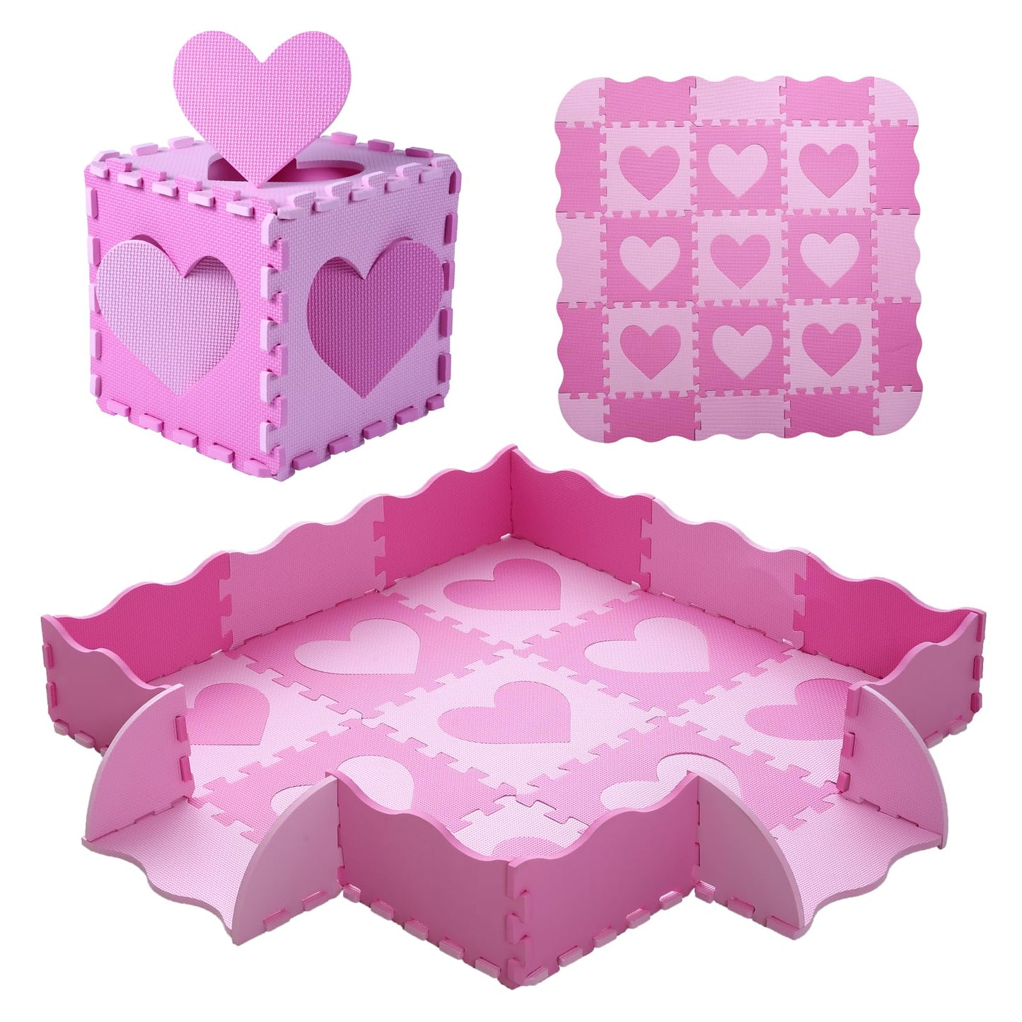 Tamiplay Foam Play Mat for Kids, 25pcs Square Interlocking Puzzle Floor Mat, Baby Toddler Playmat with Fence - Pink Heart