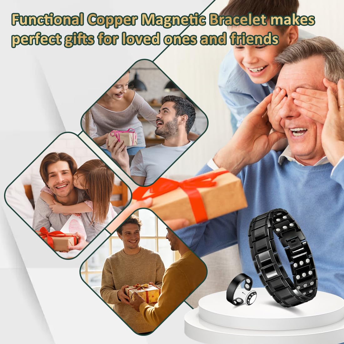 Vicmag Copper Magnetic Bracelet for Men, 3X Strength Magnets, Pure Copper Bracelet & 9X Magnet Ring Set, Adjustable Fit with Sizing Tool(Classic Black)