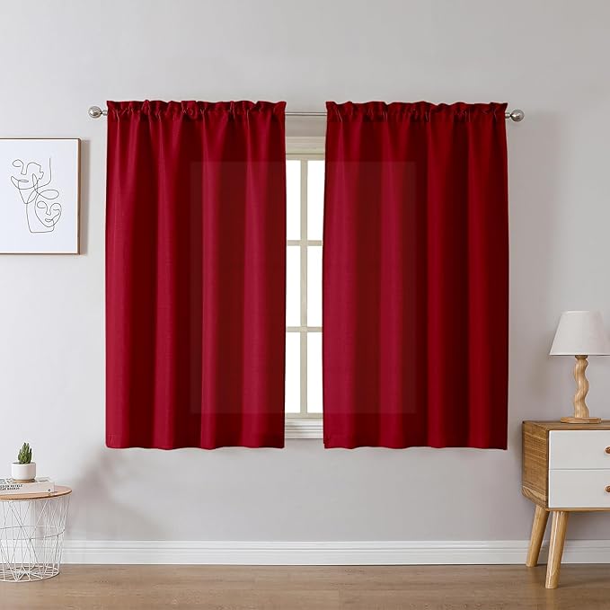 Chyhomenyc Christmas Red Curtains 45 Inch Length 2 Panels, Faux Linen Textured Light Filtering Soft Airy Rod Pocket Window Treatment Drapes for Living Room Bedroom, 30Wx45L Inch, 2 PCS