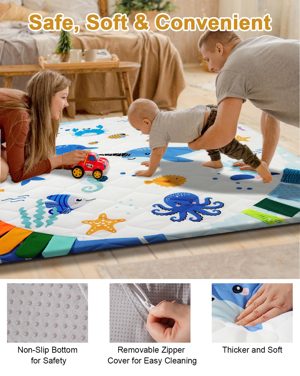 TINYHARBO Premium Foam Baby Play Mat 50x50, 4 Developmental Zones Play Mat with Removable & Machine Washable Cover, Extra Thick Padding Playpen Mat, Easy to Clean for Infants, Toddlers & Babies