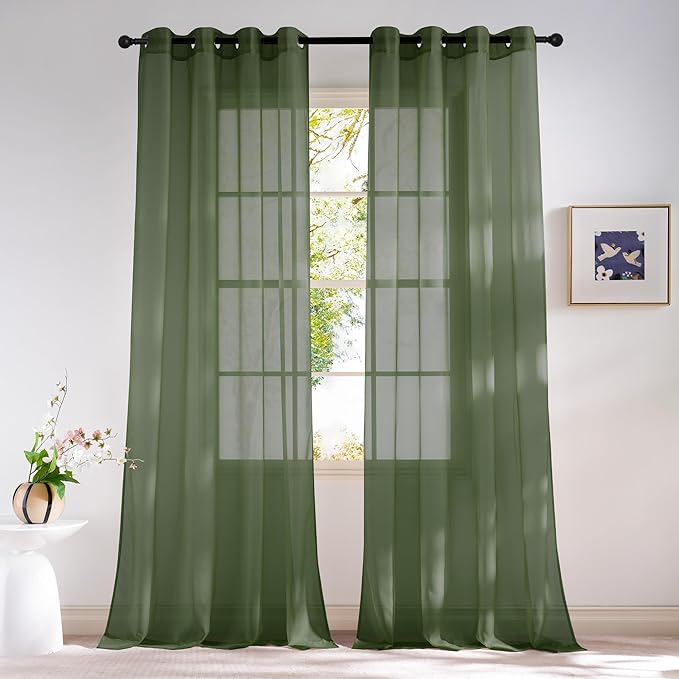 NICETOWN Forest Green Sheer Curtains 96inches Long for Living Room, Grommet Voile Sheer Light Filtering Window Treatments for Bedroom, Sage Green, W54 x L96, Set of 2