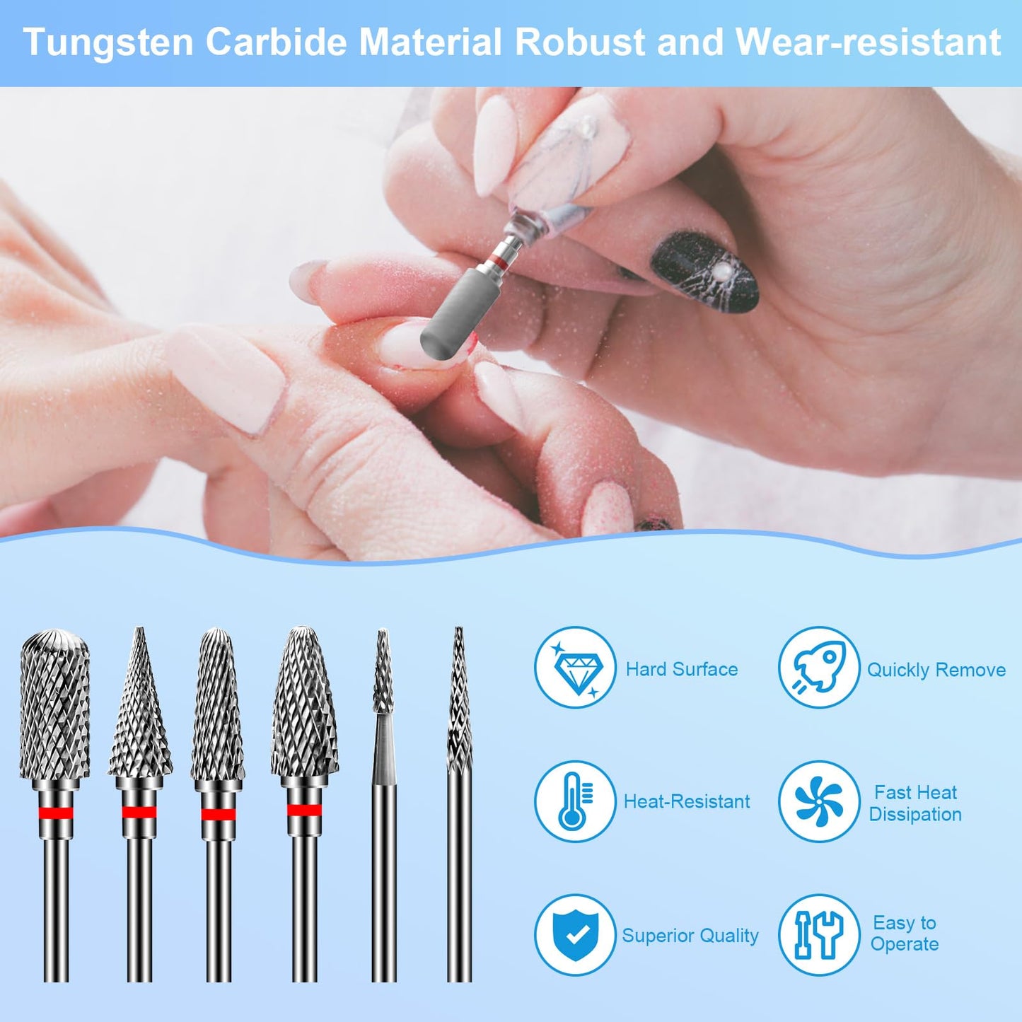 CGBE Nail Drill Bits, 6 Piece Nail Drill Bit Grinding Heads Carbide Machine Accessories for Manicure Remove Acrylic or Hard Gel Polygel, 3/32 Inch Professional Bits for Nail Cutter - Fine