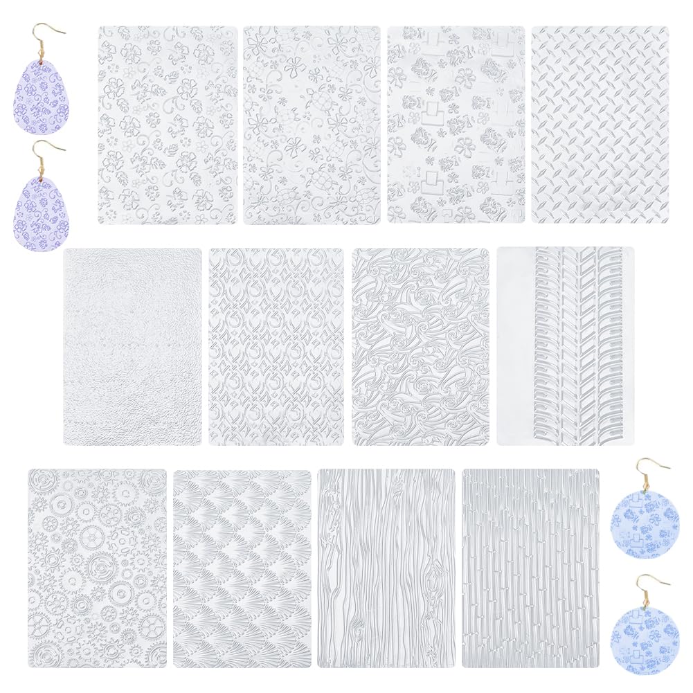 HOBBIESAY 12Pcs Clay Texture Sheet Boho Clay Texture Mats 7x10 Inch Polymer Clay Embossing Tools for Adult Women Earrings Jewelry Making