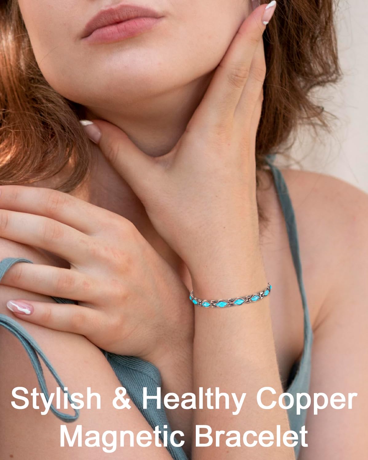 EnerCoppeX Copper Magnetic Bracelet for Women - Turquoize Detox Jewelry with 3500 Gauss Magnet (E)