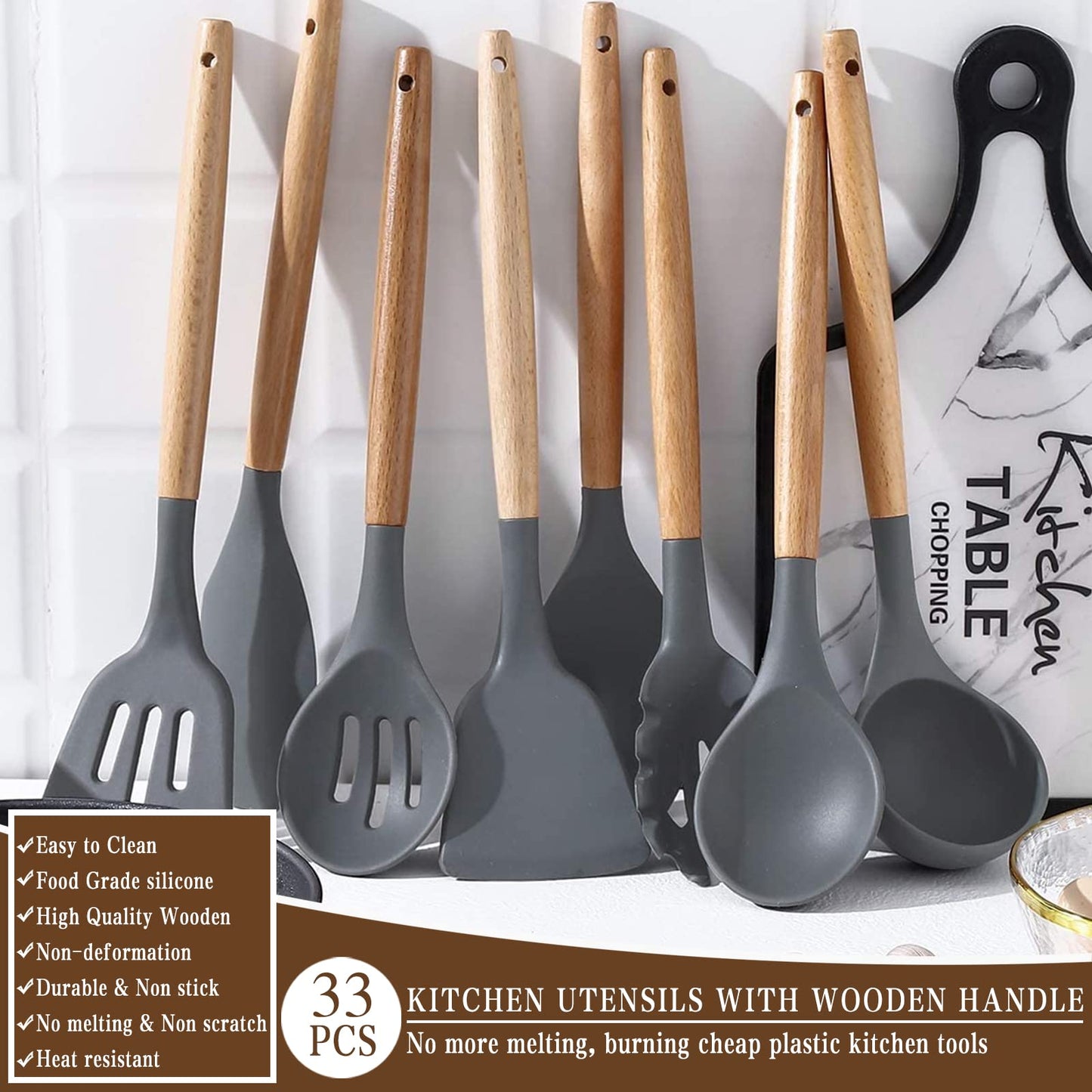 Umite Chef Kitchen Cooking Utensils Set, 33 pcs Non-stick Silicone Spatula Set with Holder, Woodle Handle Heat Resistant Gadgets Utensil (Gray)