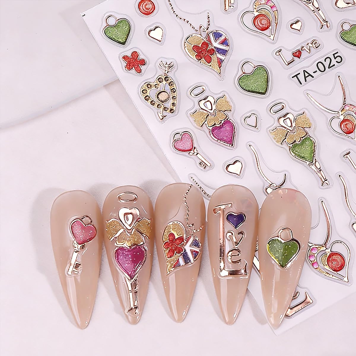 2 Sheets 5D Embossed Valentines Nail Art Stickers Glitter Pink Red Heart Bow Red Lips Nail Decals Love Key Chain Nail Design Stickers Self-Adhesive Romantic Valentine's Nails Supply for Women Manicure