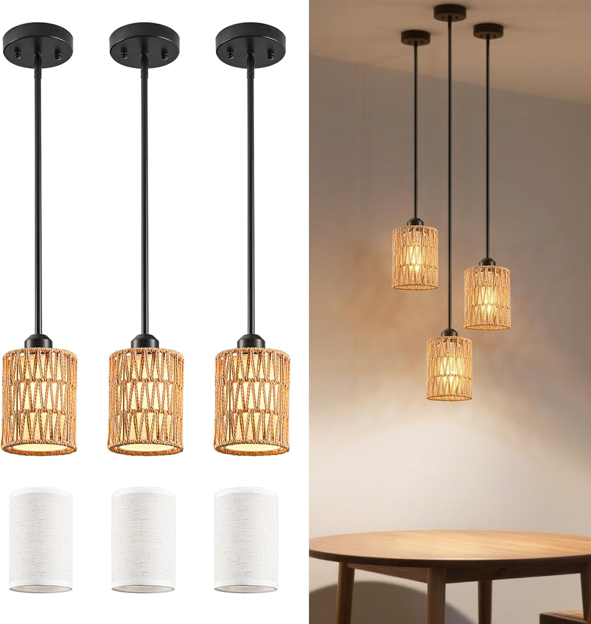 Pendant Light Boho Hanging Lamp - Rattan & Linen 2-in-1 Shade, Adjustable Hanging Lights Fixture for Kitchen Island, Dining Room, Farmhouse, Bedroom (3 Pack)