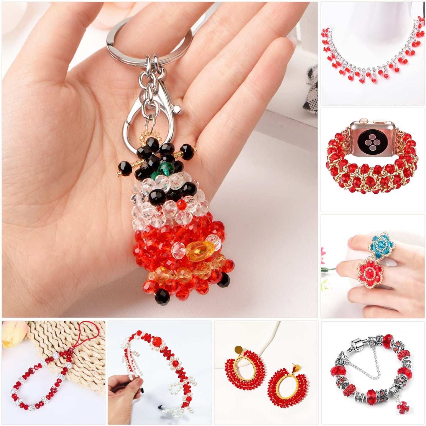 JEBBO 1000pcs Red Glass Beads for Jewelry Making, 2/4/6/8/10mm Assorted Crystal Beads Faceted Briolette Crystal Glass Beads for DIY Craft, Rondelle Spacer Beads for Bracelets Necklaces
