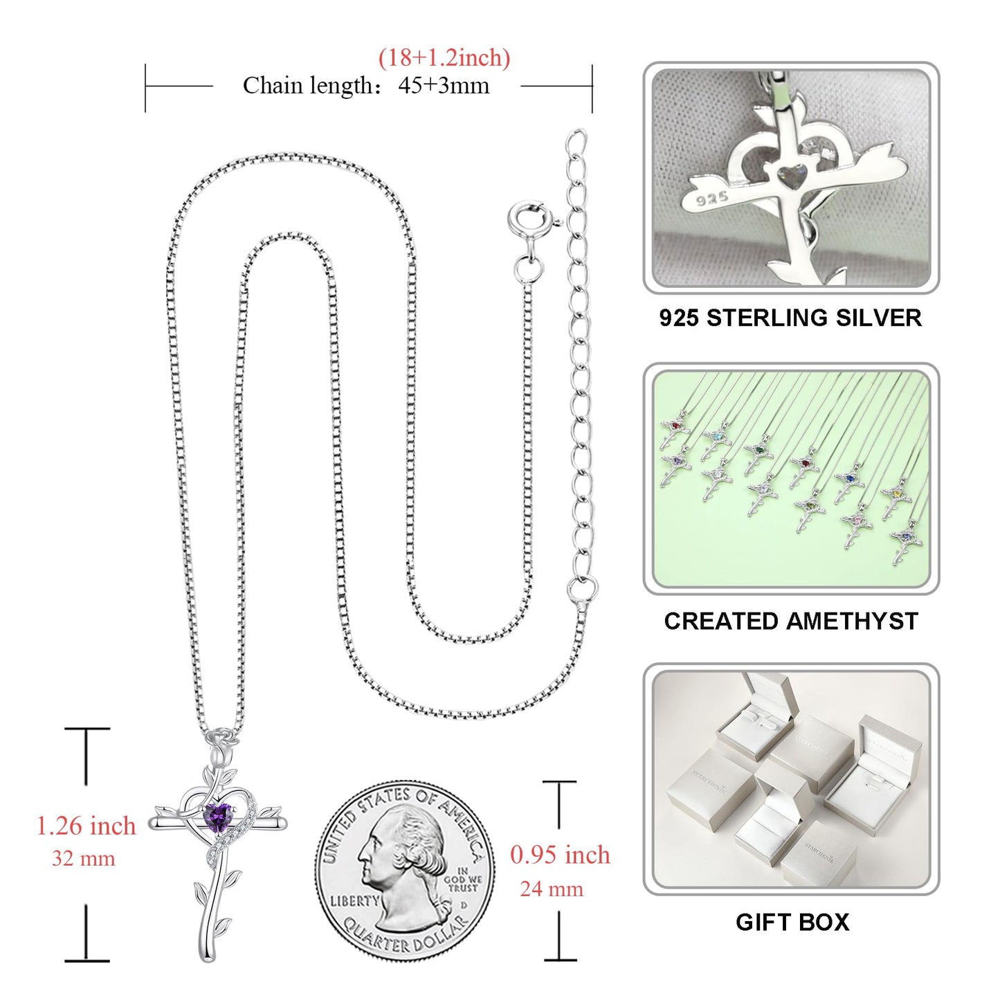 STARCHENIE Rose Cross Necklace 925 Sterling Silver Heart Crucifix Pendant Created Amethyst Jewelry for Women
