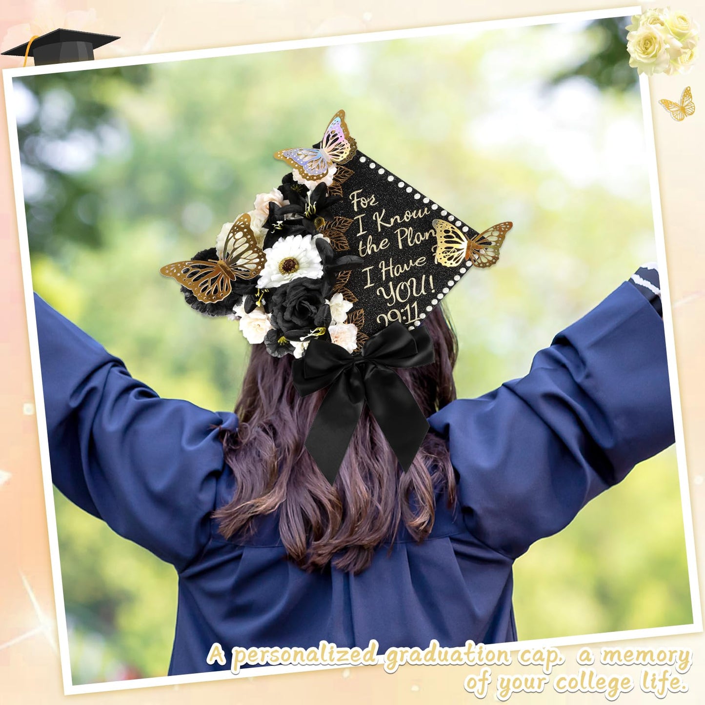 55 Pcs Black Gold DIY Graduation Cap Decorations Faux Assorted Flowers White Bows 3D Butterfly Stickers Glitter Alphabet Letter Number Decals for DIY Hat Grad Cap Topper Graduation Party Supplies
